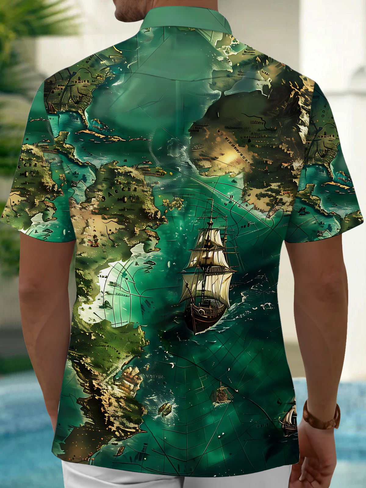 Oceanlyte Men's Vintage Style Vintage Map Print Short Sleeve Shirt with Chest Pocket