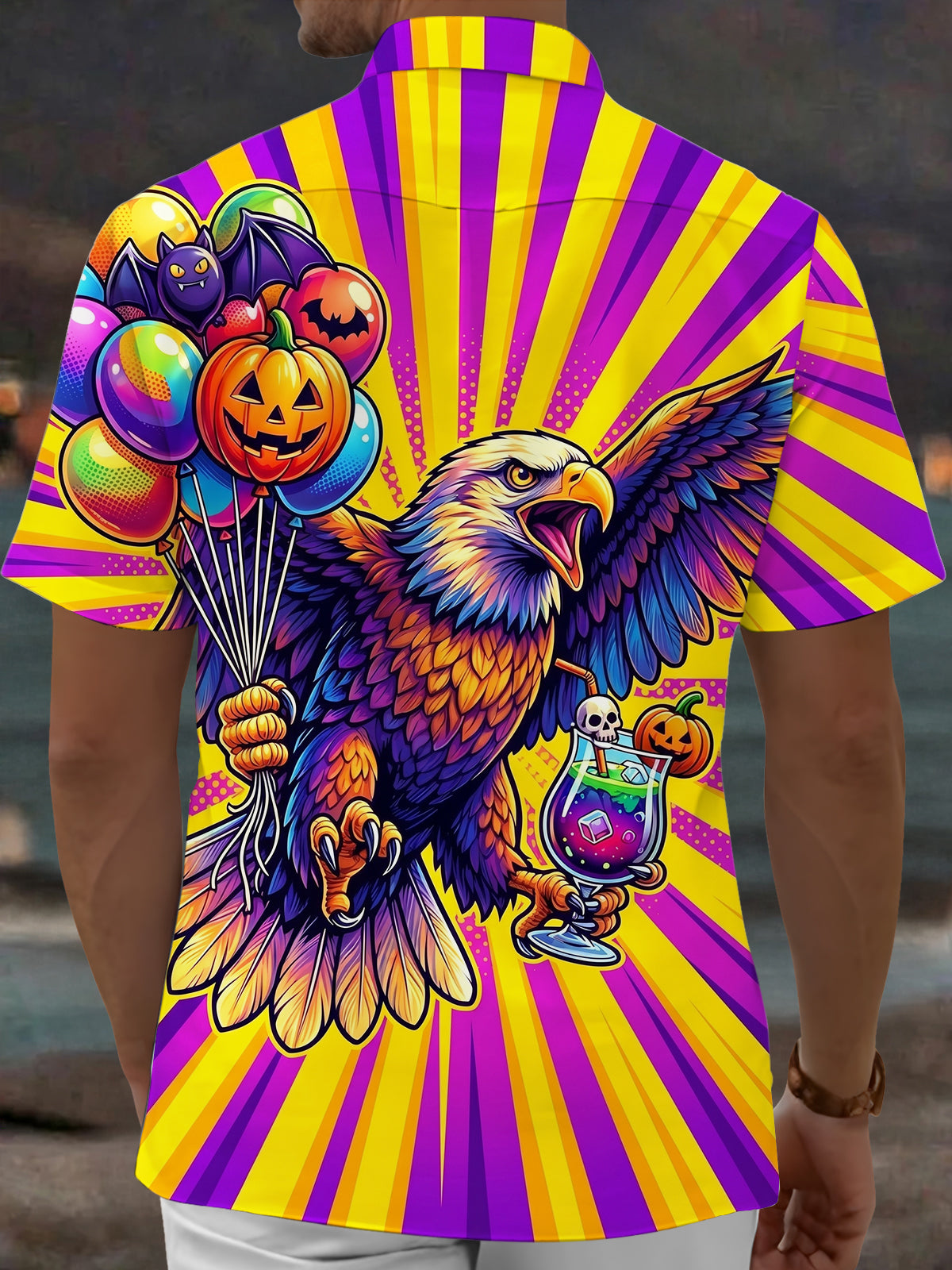 Oceanlyte Men's Short Sleeve Shirt - Eagle Holding Halloween Balloons And A Potion Drink Print with Chest Pocket