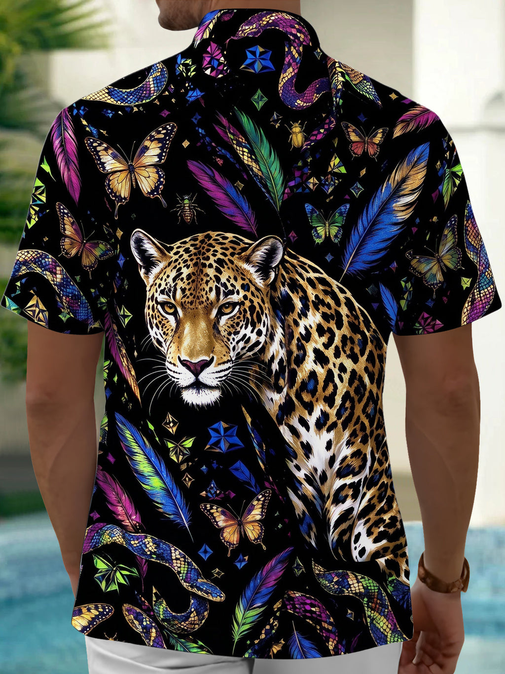 Oceanlyte Men's Leopard And Butterflies Print Short Sleeve Shirt with Chest Pocket