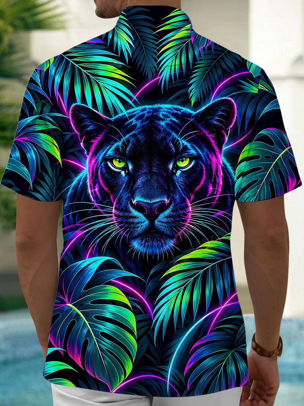 Oceanlyte Men's Neon Black Panther And Tropical Leaves Print Short Sleeve Shirt with Chest Pocket