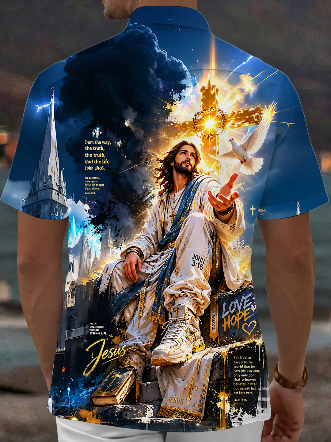 Oceanlyte Men's Graphic Cross And Dove Print Short Sleeve Shirt with Chest Pocket