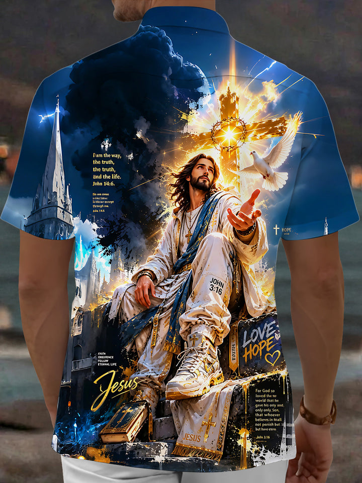 Oceanlyte Men's Graphic Cross And Dove Print Short Sleeve Shirt with Chest Pocket