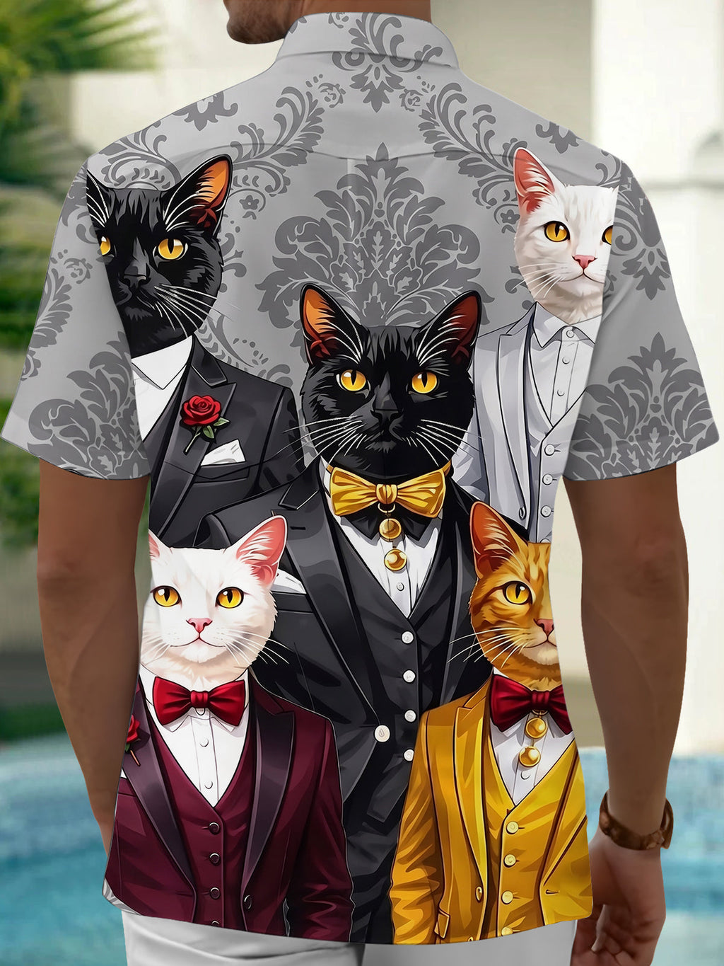 Oceanlyte Men's Hawaiian Cat In Tuxedo Print Short Sleeve Shirt with Chest Pocket