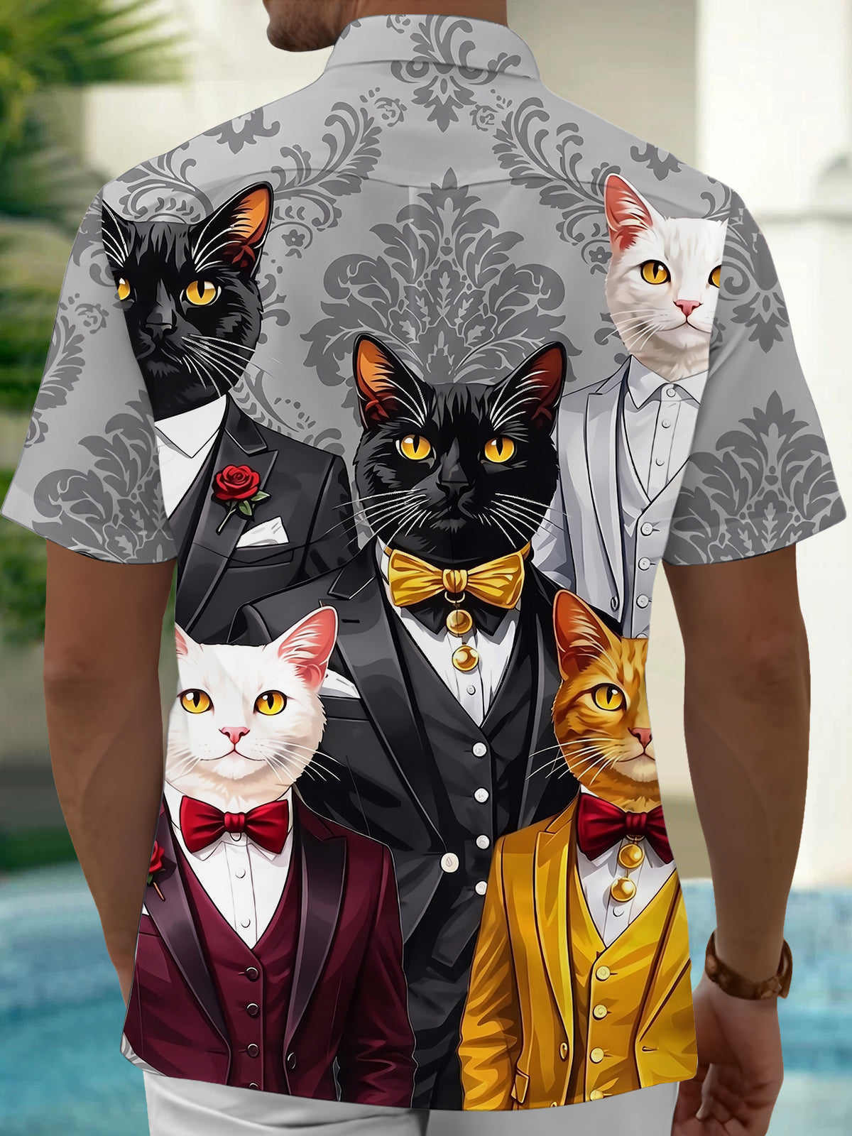 Oceanlyte Men's Hawaiian Cat In Tuxedo Print Short Sleeve Shirt with Chest Pocket