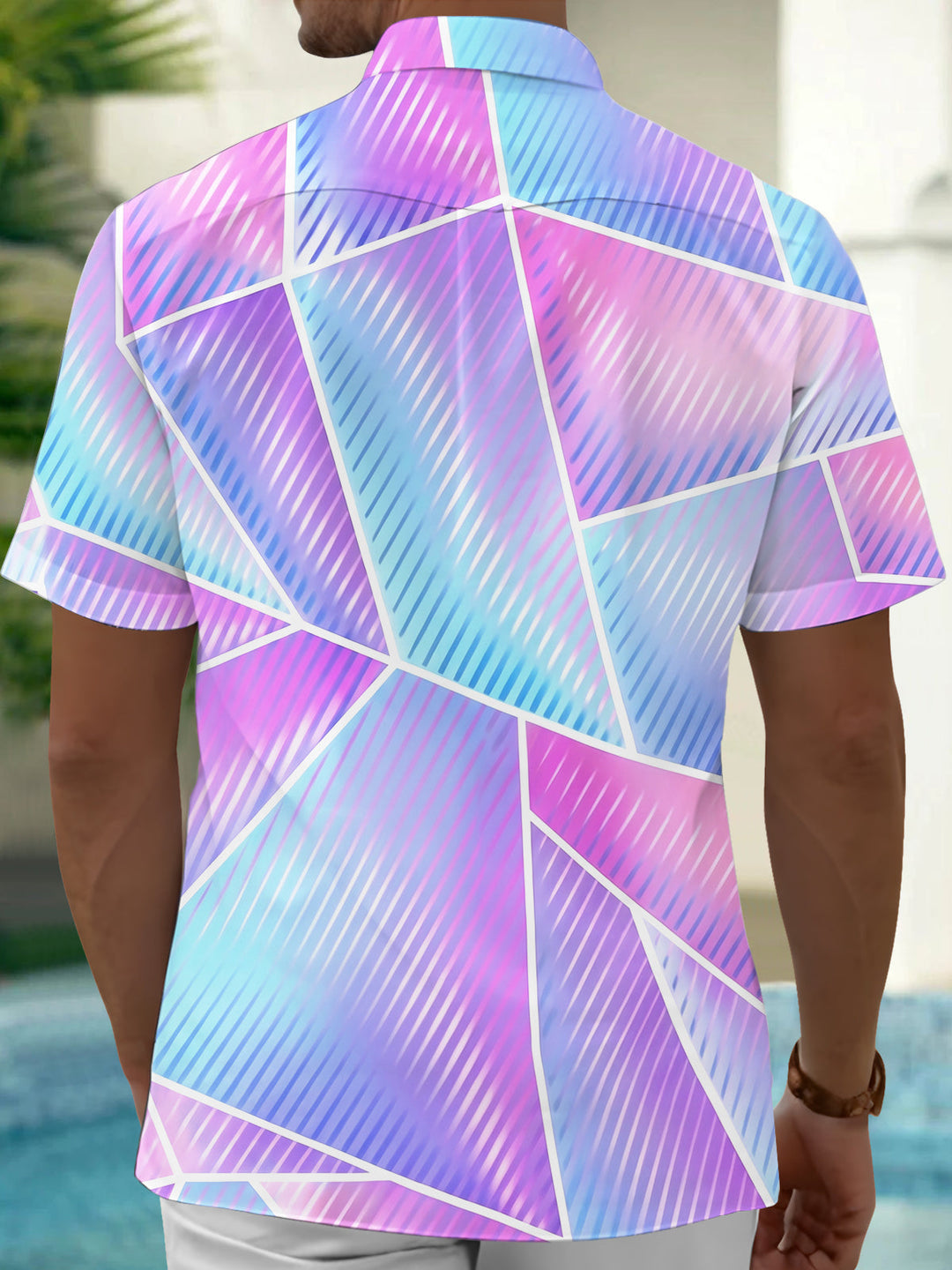 Oceanlyte Men's Abstract Geometric Gradient Line Print Short Sleeve Button Down Shirt with Chest Pocket