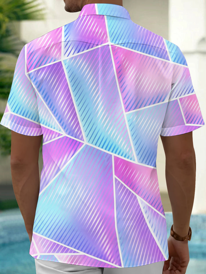 Oceanlyte Men's Abstract Geometric Gradient Line Print Short Sleeve Button Down Shirt with Chest Pocket