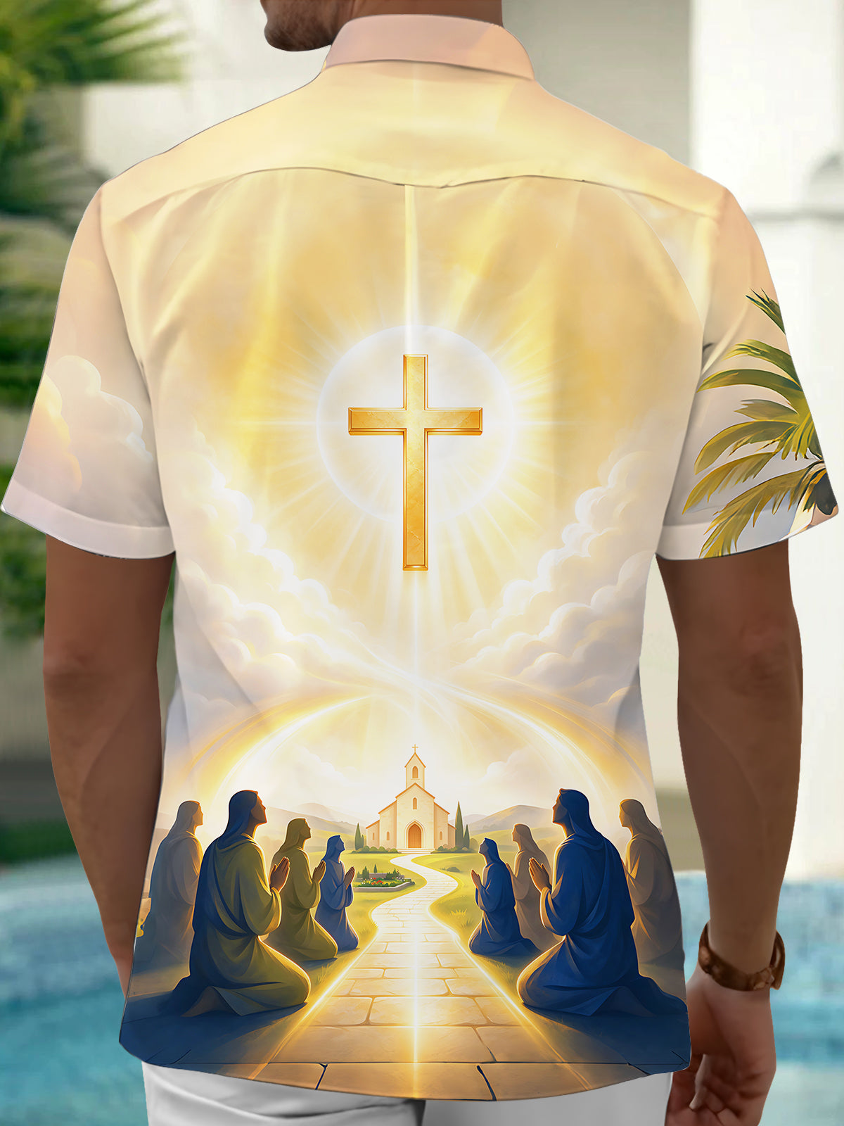 Oceanlyte Men's Golden Cross And Praying Figures Print Short Sleeve Shirt with Chest Pocket