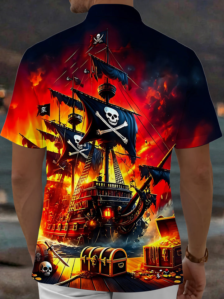 Oceanlyte Men's Graphic 3D Pirate Ship Skull Treasure Print Short Sleeve Button Down Shirt with Chest Pocket