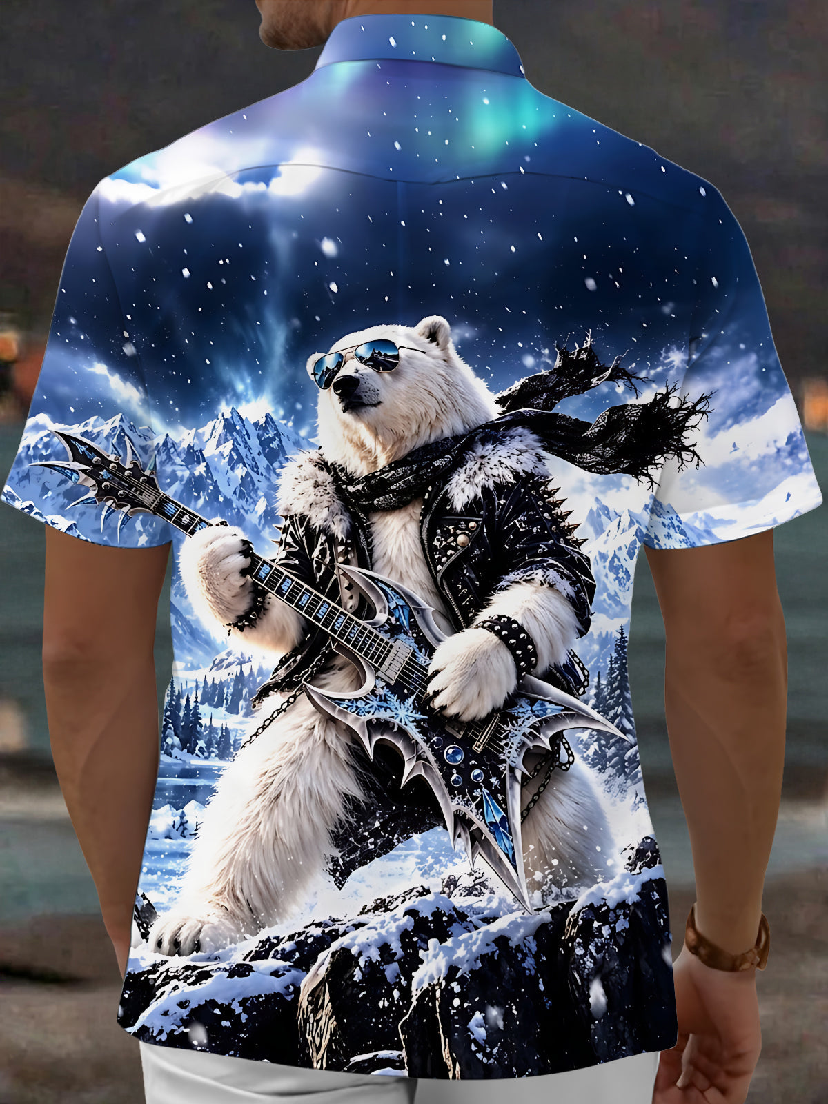 Oceanlyte Men's Graphic Polar Bear Rock Musician Print Short Sleeve Shirt with Chest Pocket