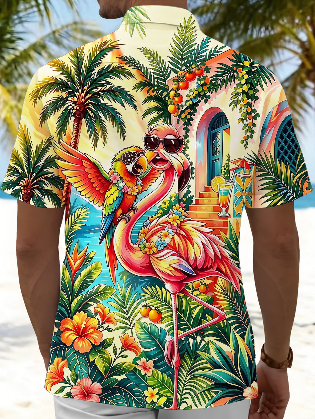 Oceanlyte Men's Short Sleeve Shirt - Flamingo And Parrot With Tropical Plants Print with Chest Pocket