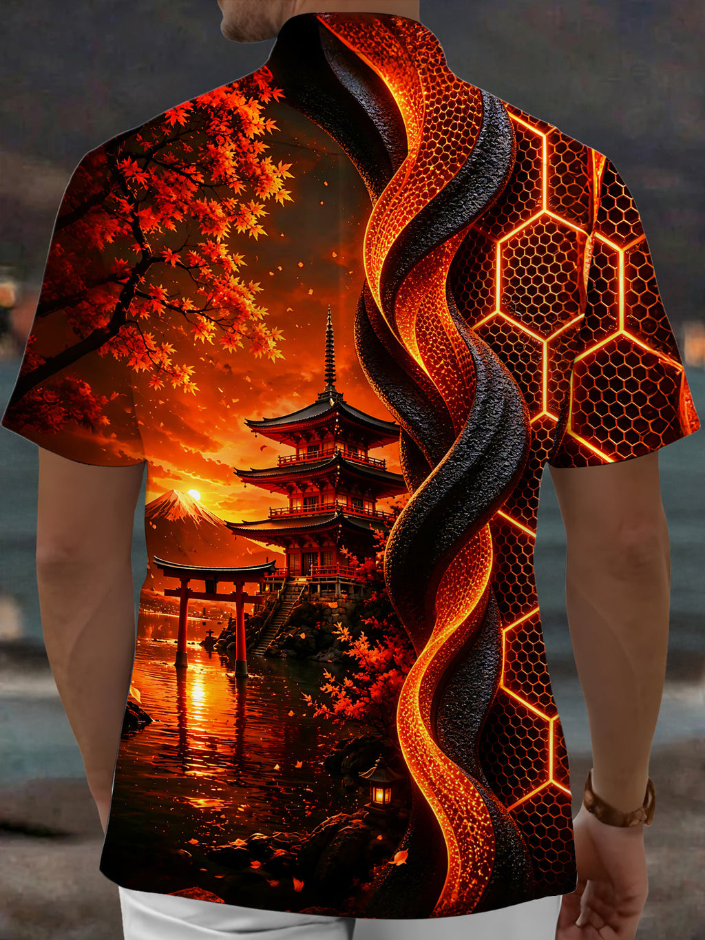 Oceanlyte Men's Graphic Ancient Temple Print Maple Leaf Print Short Sleeve Shirt with Chest Pocket