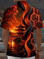 Oceanlyte Men's Graphic Ancient Temple Print Maple Leaf Print Short Sleeve Shirt with Chest Pocket