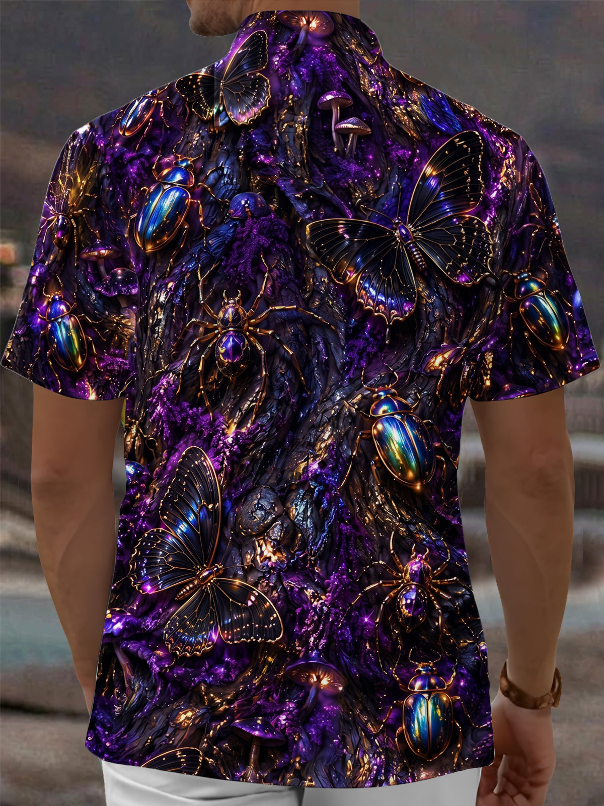 Oceanlyte Men's Short Sleeve Shirt - Iridescent Beetles Butterflies And Spiders Print with Chest Pocket