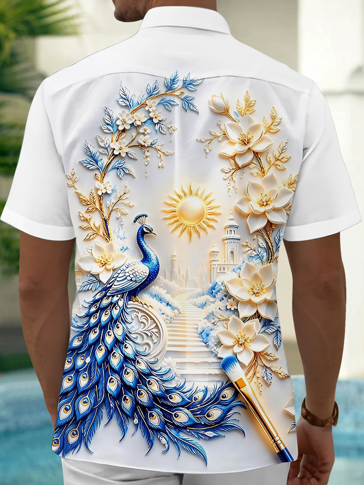 Oceanlyte Men's Printed Peacock Print Floral Relief Print Short Sleeve Shirt with Chest Pocket