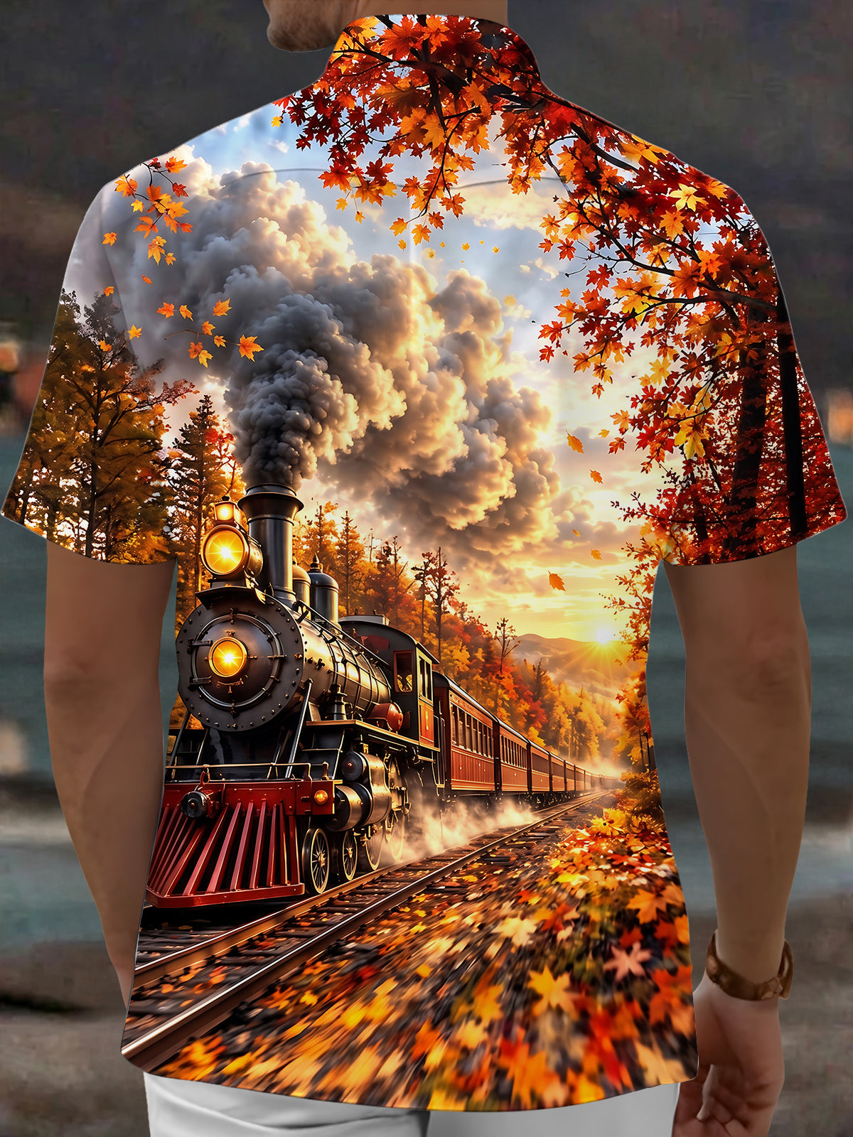 Oceanlyte Men's Short Sleeve Shirt - Vintage Steam Train And Autumn Maple Leaves Print with Chest Pocket