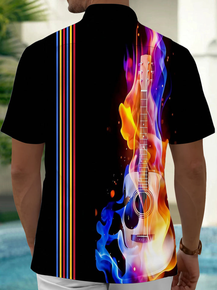Oceanlyte Men's Graphic Colorful Guitar Flame Print Short Sleeve Shirt with Chest Pocket