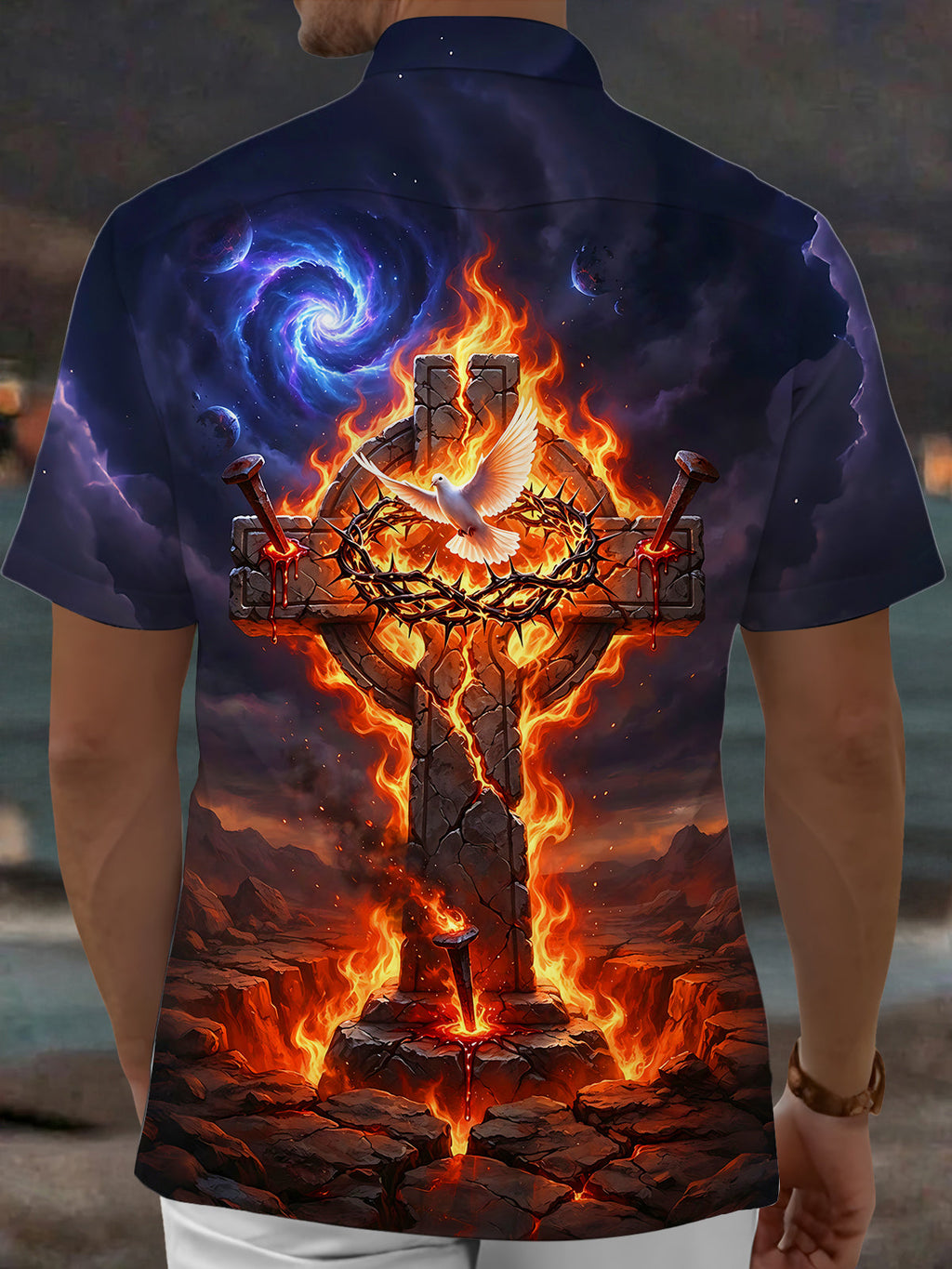 Oceanlyte Men's Short Sleeve Shirt - Flaming Cross With Dove And Crown Of Thorns Print with Chest Pocket