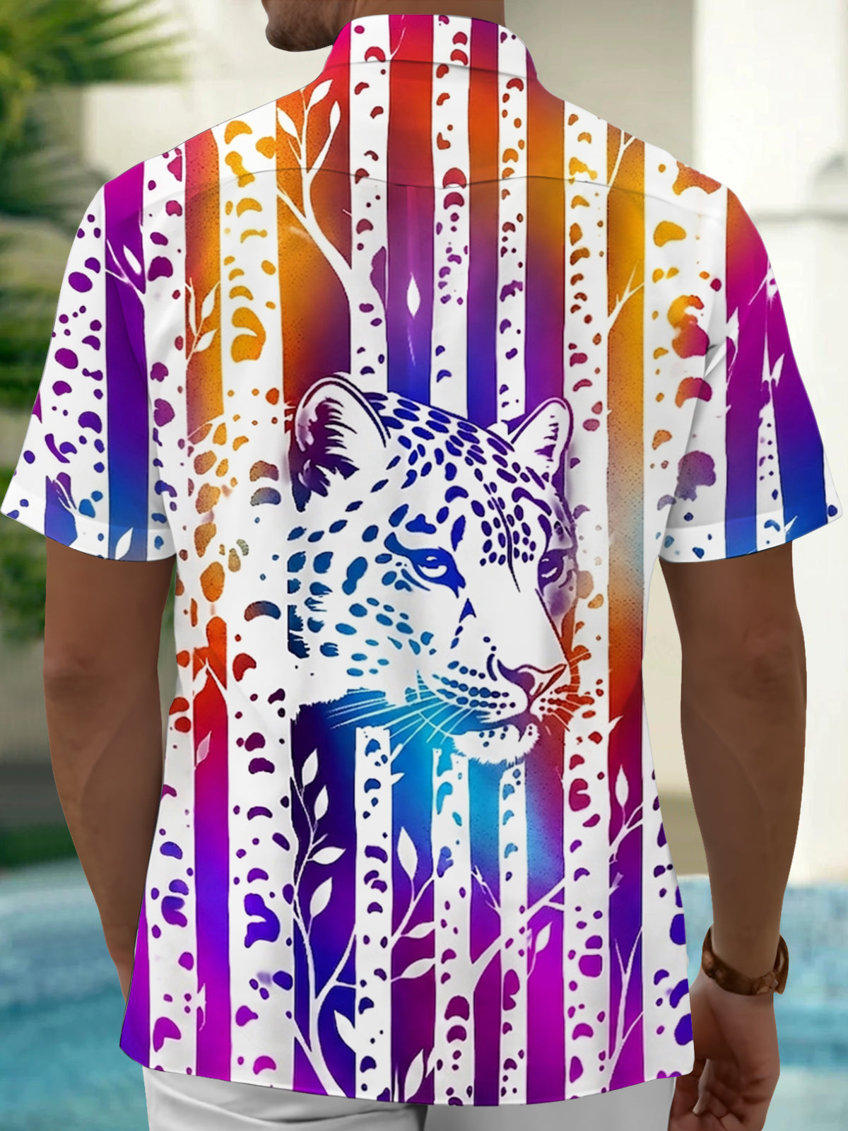 Oceanlyte Men's Hawaiian Cheetah Portrait Print Short Sleeve Shirt with Chest Pocket