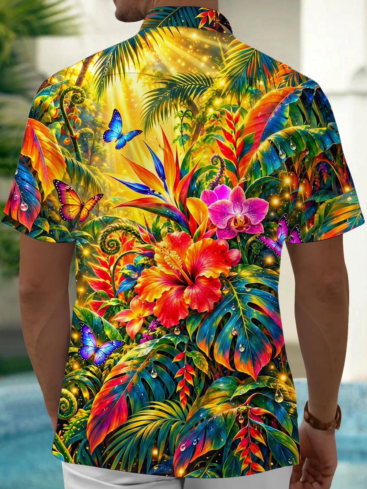 Oceanlyte Men's Tropical Flowers And Butterflies Print Short Sleeve Shirt with Chest Pocket