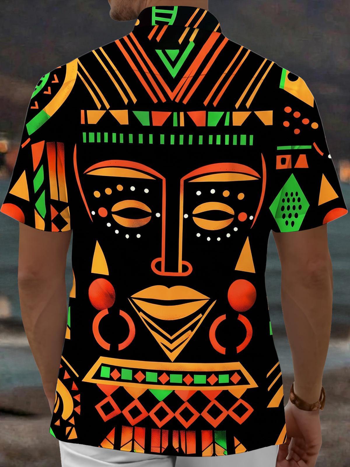 Oceanlyte Men's Graphic Abstract Tribal Face Print Short Sleeve Shirt with Chest Pocket