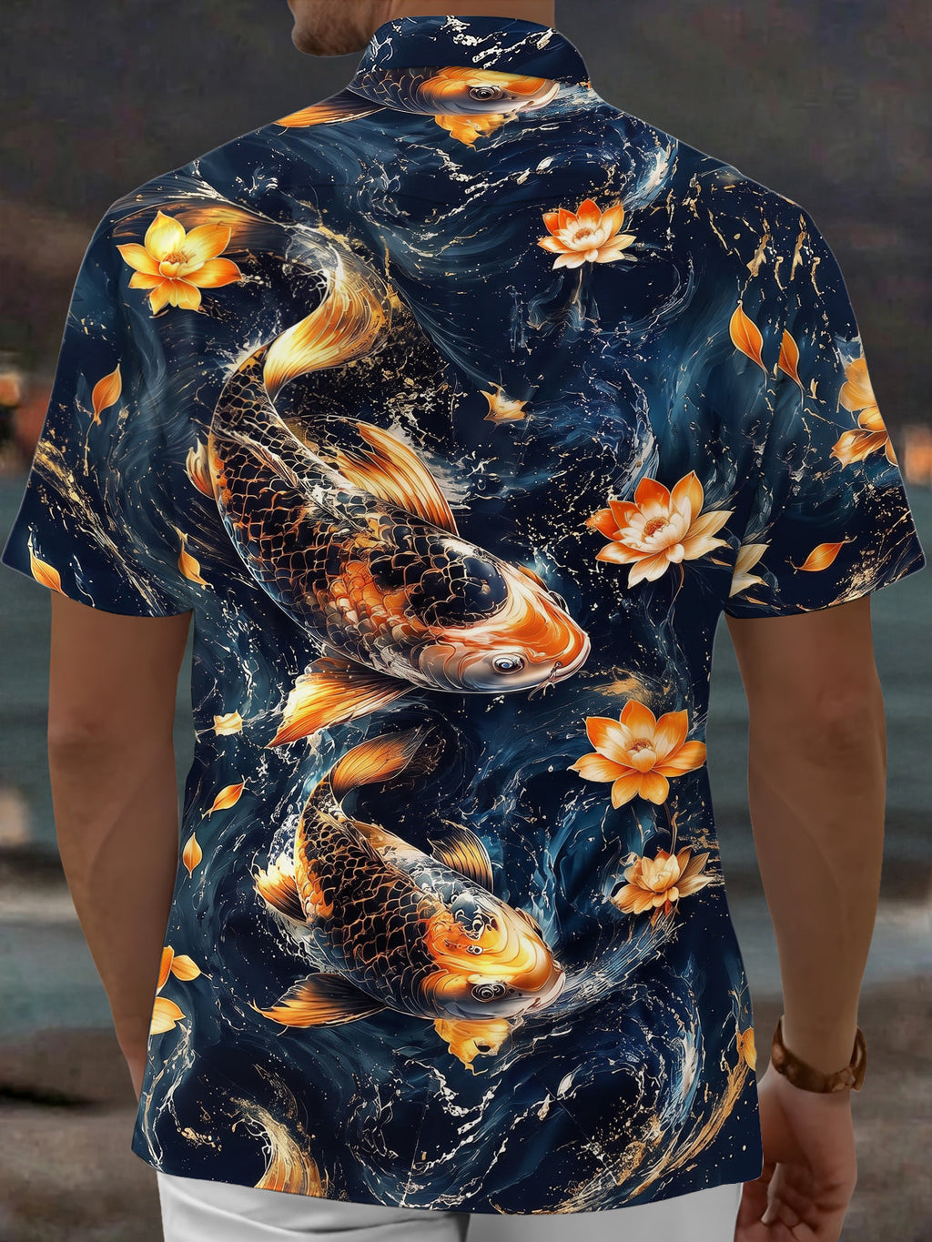 Oceanlyte Men's Hawaiian Koi Fish Print Lotus Flower Print Short Sleeve Shirt with Chest Pocket