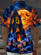 Oceanlyte Men's Halloween Gothic Castle And Bats Print Short Sleeve Shirt with Chest Pocket