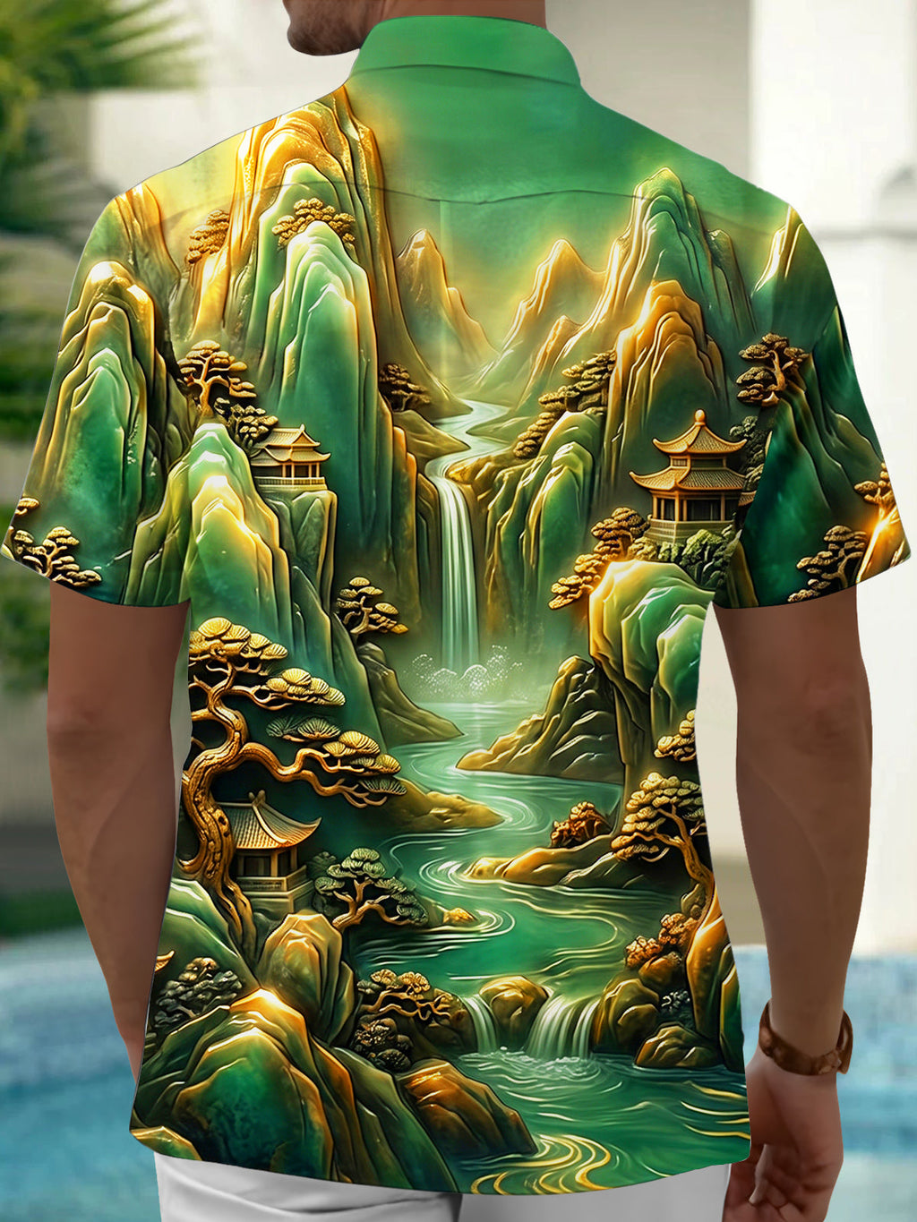 Oceanlyte Men's Short Sleeve Shirt - Asian Landscape With Mountains And Waterfall Print with Chest Pocket
