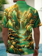Oceanlyte Men's Short Sleeve Shirt - Asian Landscape With Mountains And Waterfall Print with Chest Pocket