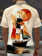 Oceanlyte Men's Vintage Style Sailing Ship Sunset Print Short Sleeve Shirt with Chest Pocket