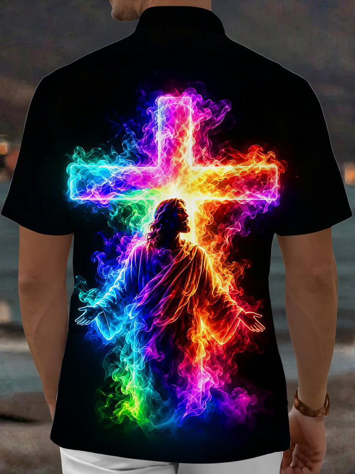 Oceanlyte Men's Graphic Rainbow Smoke Cross Jesus Print Short Sleeve Button Down Shirt with Chest Pocket