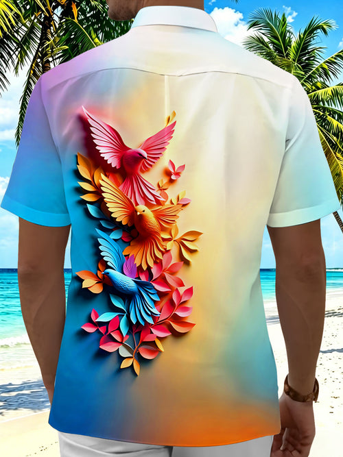 Oceanlyte Men's 3D 3D Relief Birds Print Floral Leaves Print Short Sleeve Shirt with Chest Pocket