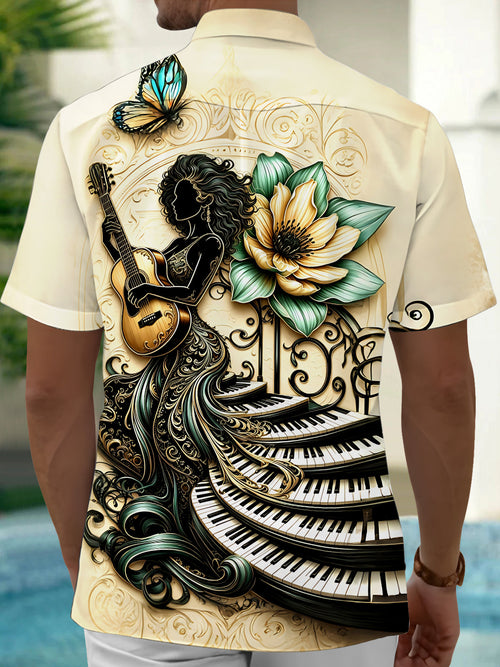 Oceanlyte Art Music Guitarist Piano Floral Butterfly Men's Short Sleeve Shirt with Chest Pocket