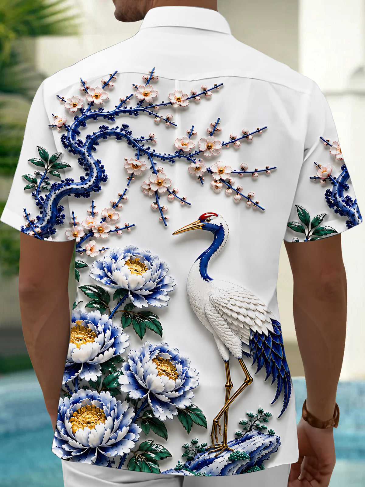 Oceanlyte Men's Printed Red-crowned Crane Print Short Sleeve Shirt with Chest Pocket