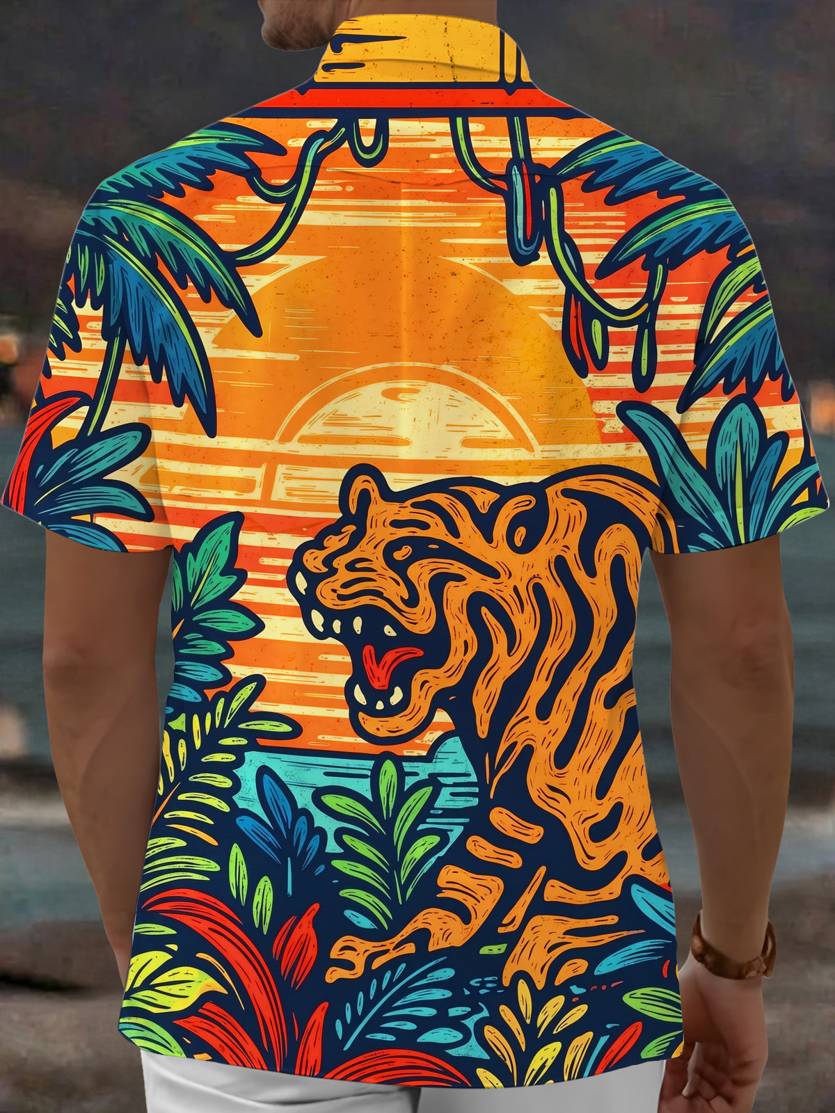 Oceanlyte Men's Hawaiian Roaring Tiger Print Short Sleeve Shirt with Chest Pocket