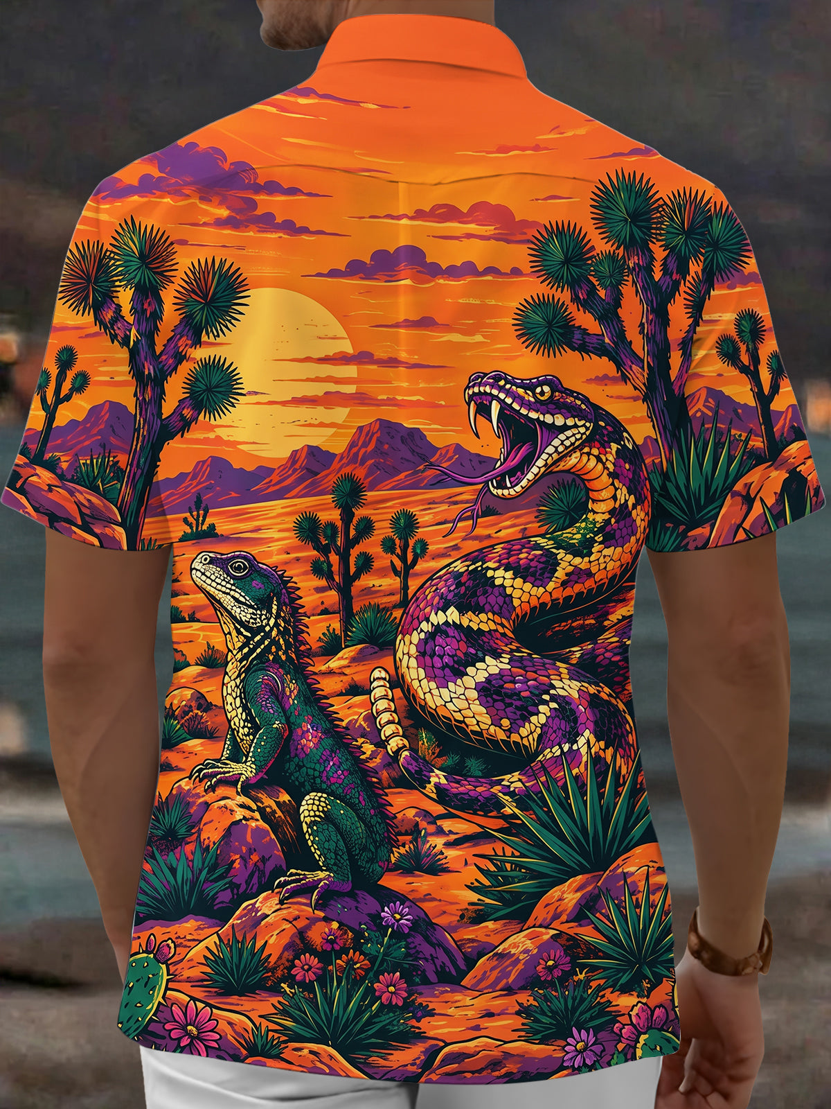 Oceanlyte Men's Short Sleeve Shirt - Desert Snake And Lizard Sunset Landscape Print with Chest Pocket