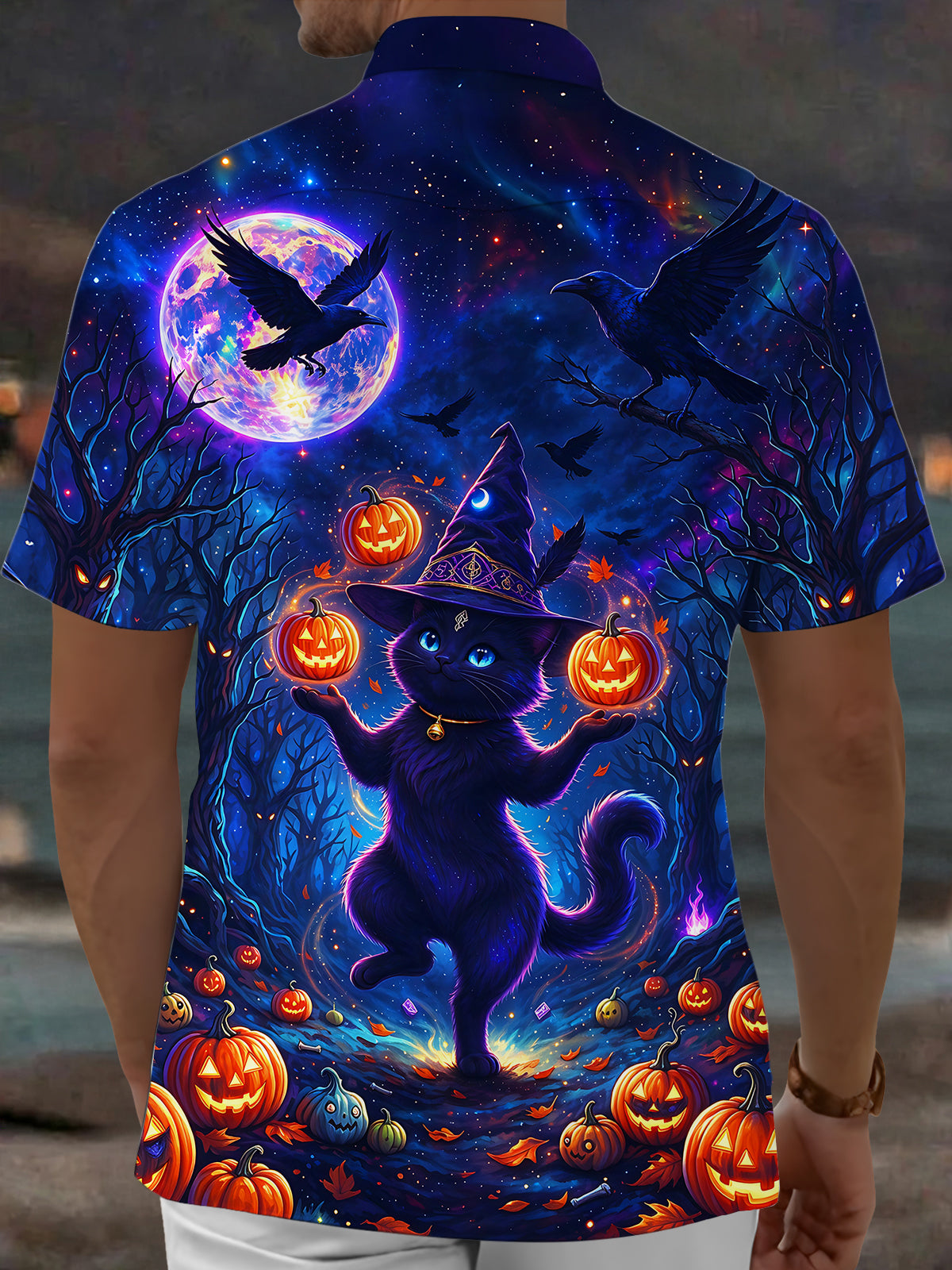 Oceanlyte Men's Halloween Black Cat And Pumpkins Print Short Sleeve Shirt with Chest Pocket