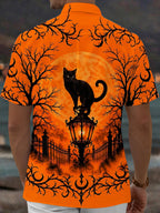 Oceanlyte Men's Short Sleeve Shirt - Halloween Black Cat On Lantern With Moon And Trees Print with Chest Pocket