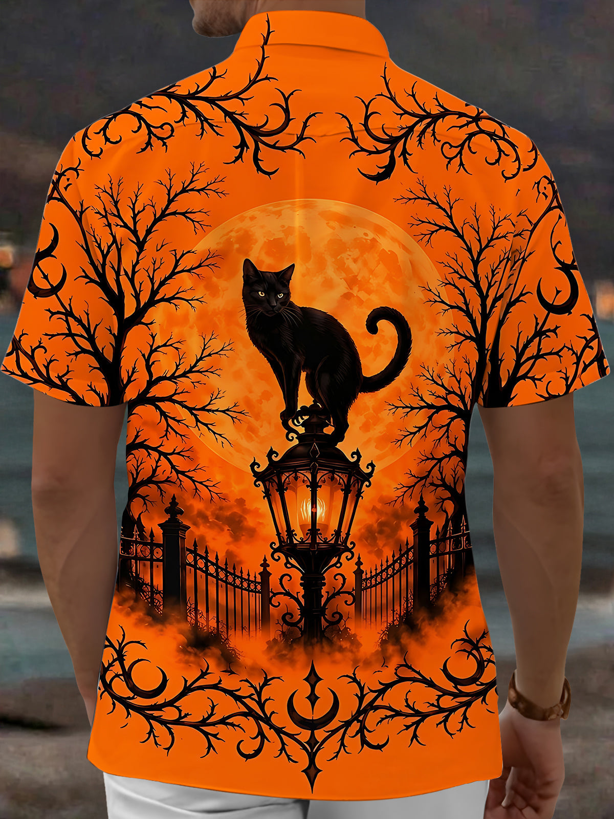 Oceanlyte Men's Short Sleeve Shirt - Halloween Black Cat On Lantern With Moon And Trees Print with Chest Pocket