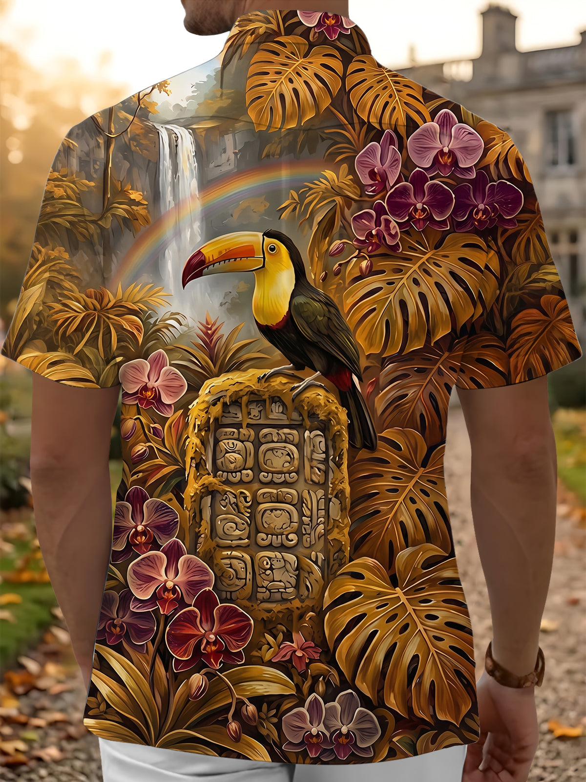 Oceanlyte Men's Hawaiian Toucan And Tropical Foliage Print Short Sleeve Shirt with Chest Pocket