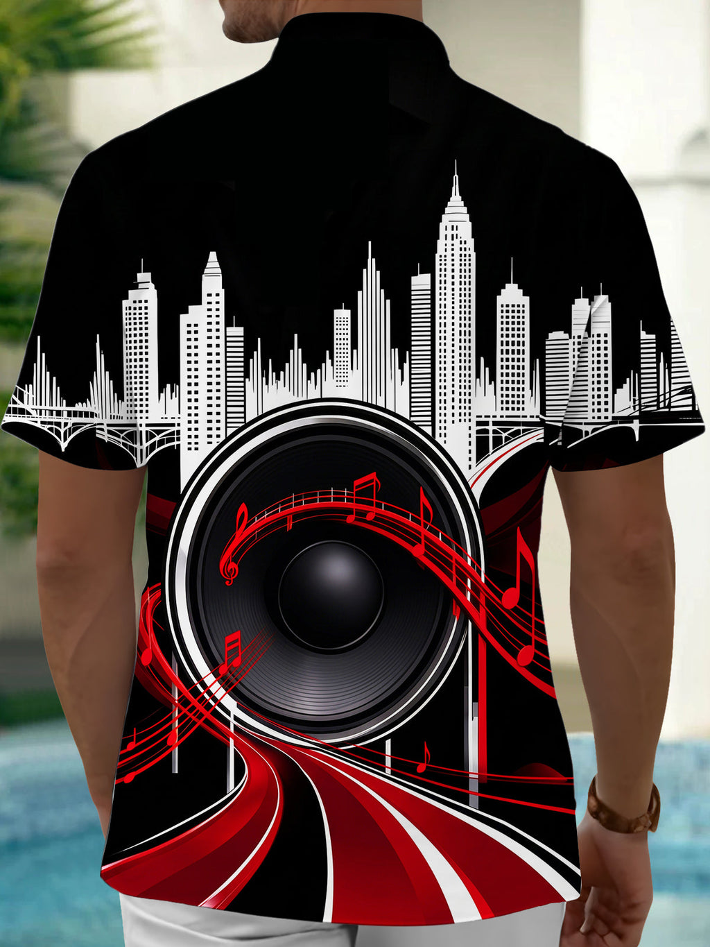 Oceanlyte Men's Short Sleeve Shirt - City Skyline And Speaker With Musical Notes Print with Chest Pocket