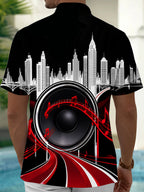 Oceanlyte Men's Short Sleeve Shirt - City Skyline And Speaker With Musical Notes Print with Chest Pocket