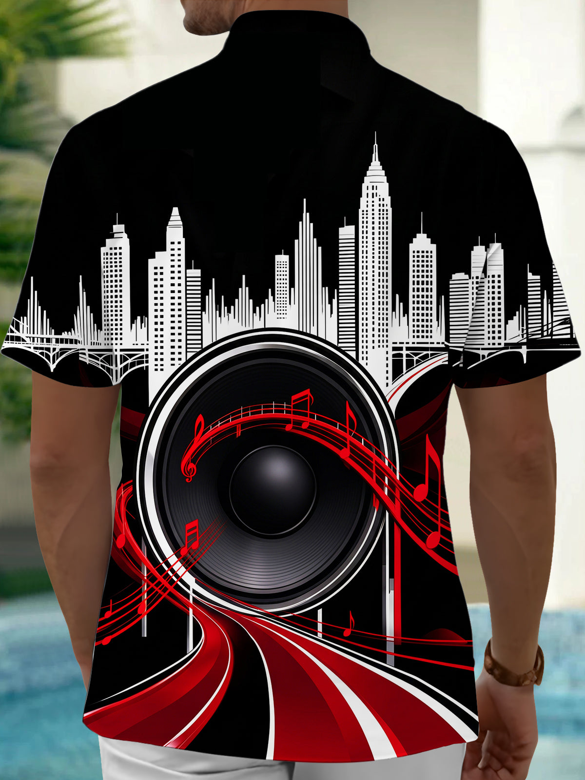 Oceanlyte Men's Short Sleeve Shirt - City Skyline And Speaker With Musical Notes Print with Chest Pocket