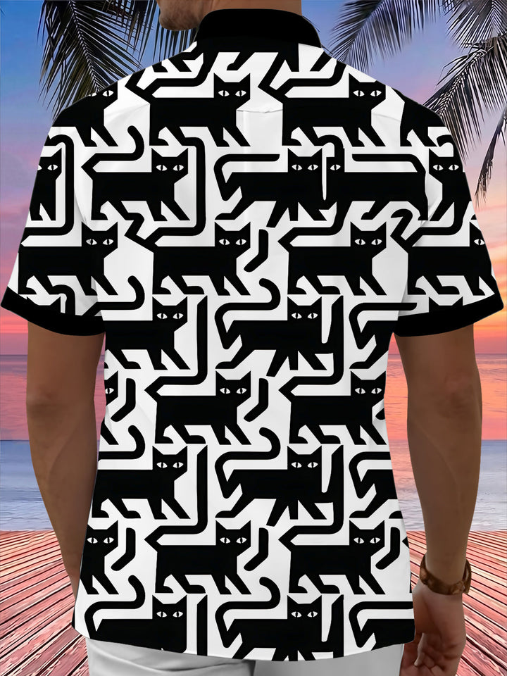 Oceanlyte Men's Graphic Black Cat Pattern Halloween Cat Print Short Sleeve Shirt with Chest Pocket