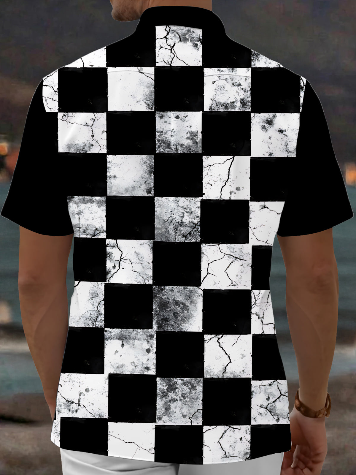 Oceanlyte Men's Patterned Black And White Checkerboard Print Short Sleeve Shirt with Chest Pocket