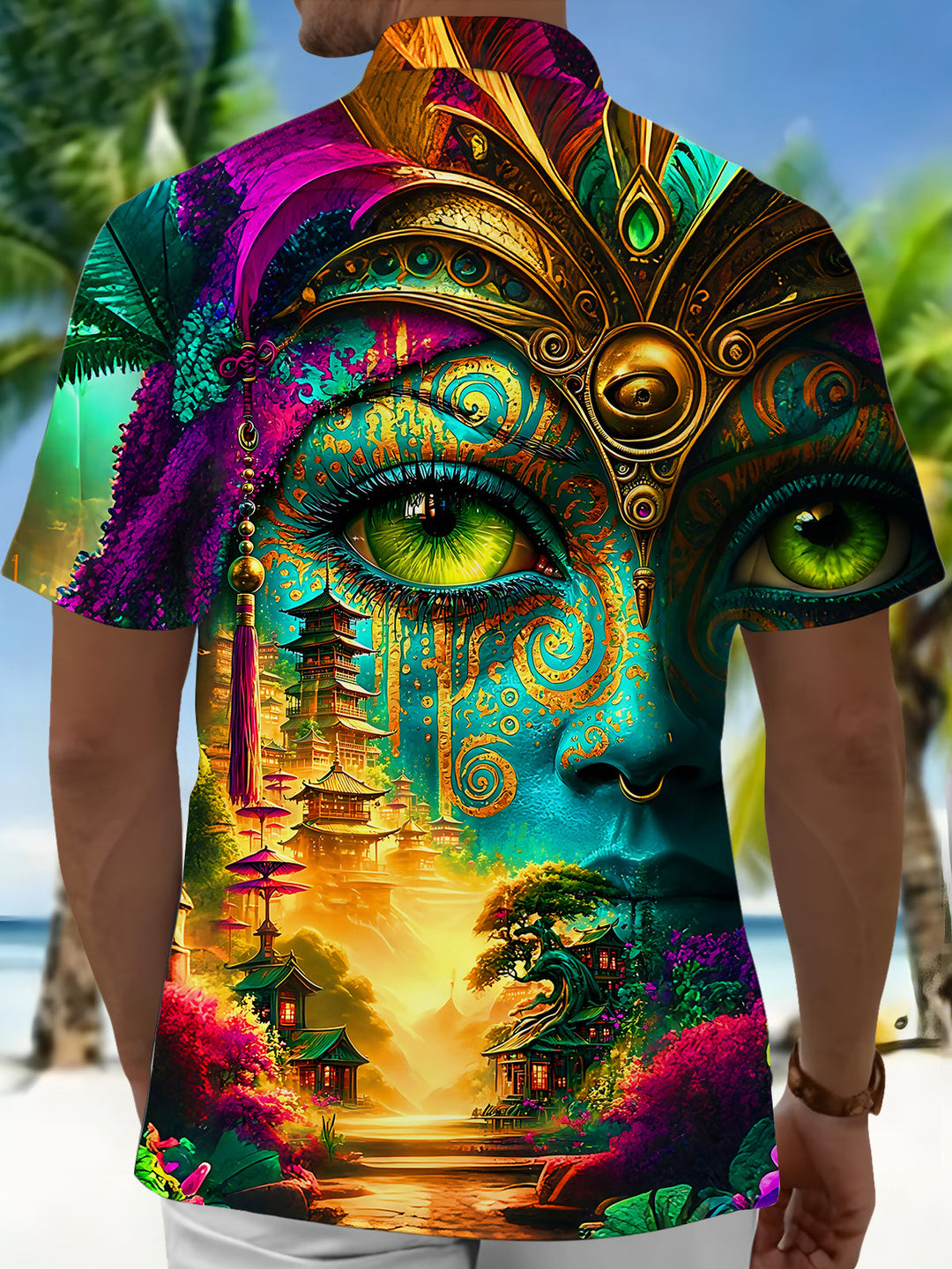 Dark Mysterious Exotic Gilded Human Face Pagoda Fantasy Art Men's Pocket Short Sleeve Shirts