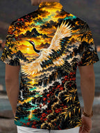 Oceanlyte Men's Red-crowned Crane And Landscape Print Short Sleeve Shirt with Chest Pocket