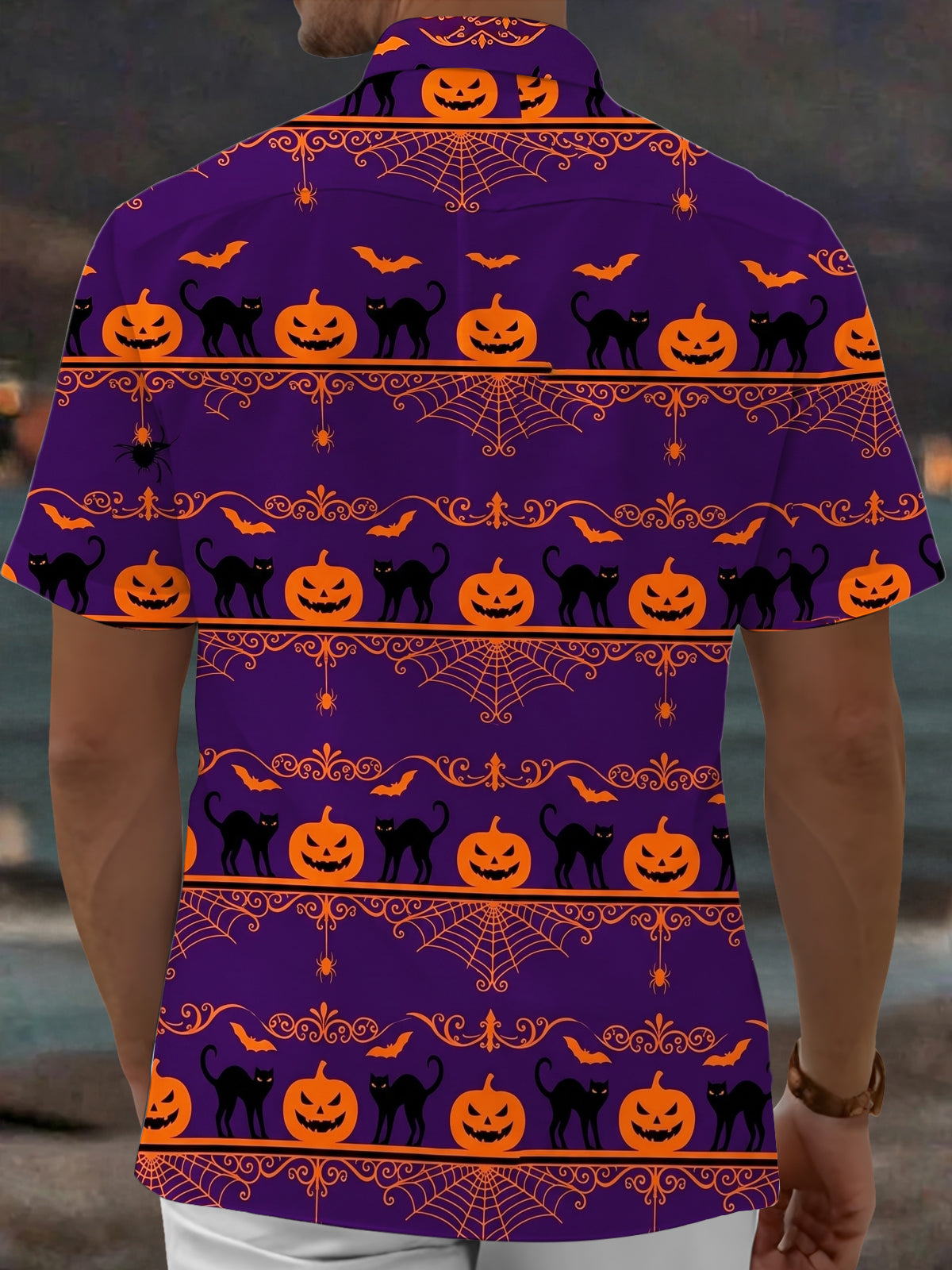 Oceanlyte Men's Halloween Black Cats And Pumpkins Print Short Sleeve Shirt with Chest Pocket