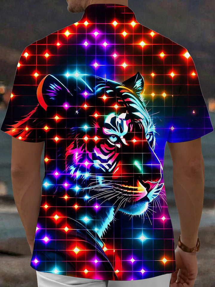 Oceanlyte Men's Graphic Neon Grid Tiger Print Short Sleeve Shirt with Chest Pocket