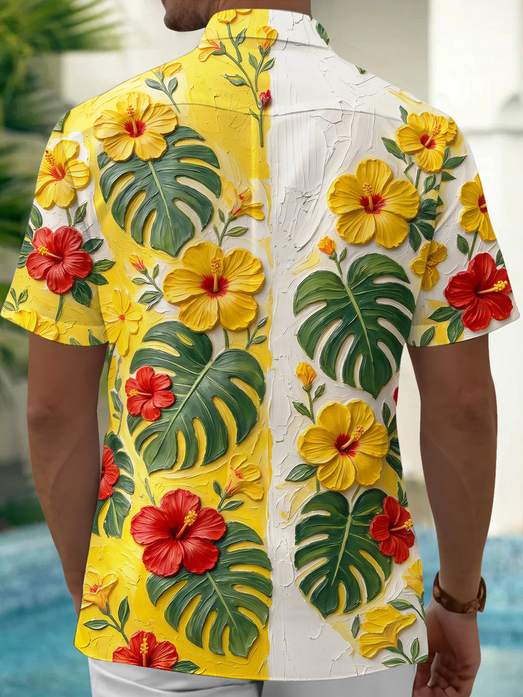 Oceanlyte Men's Hibiscus Flowers And Monstera Leaves Print Short Sleeve Shirt with Chest Pocket