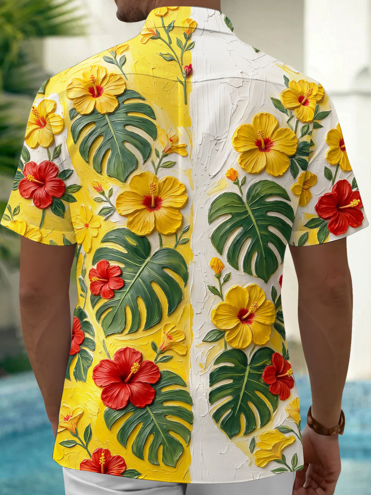 Oceanlyte Men's Hibiscus Flowers And Monstera Leaves Print Short Sleeve Shirt with Chest Pocket